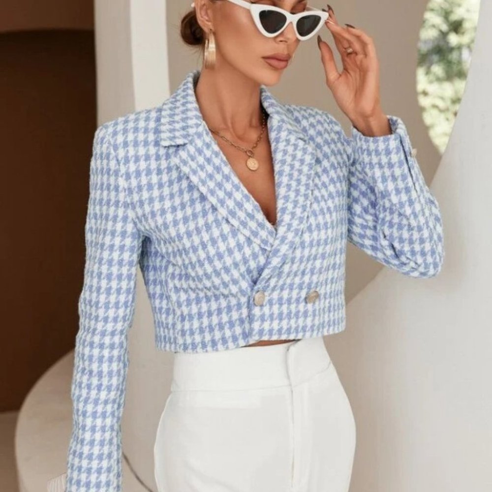 Classic Tweed Houndstooth Double Breasted Blazer Blue - Picture 4 of 6